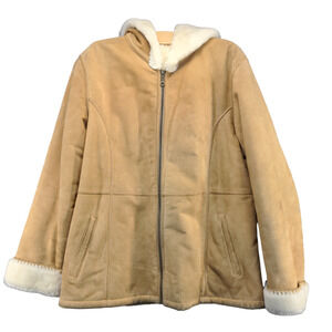 Marvin Richards Women's Sherpa Lined Genuine Leather Hooded Jacket Tan Large